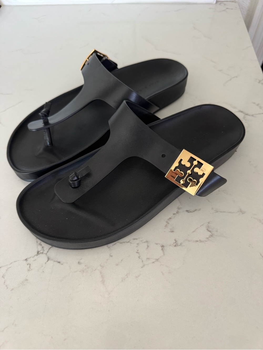 Tory Burch Black Leather Mellow T-Strap Sandals - Picture 3 of 6